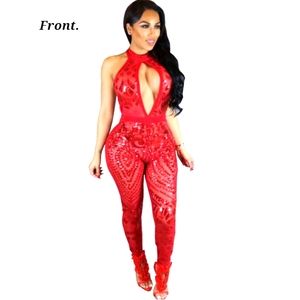 Sleeveless and Backless Halterneck V-Neck Sequin Jumpsuit (Sz M)